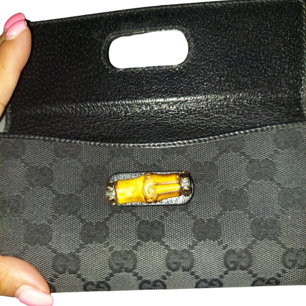 Gucci GG Black Leather Canvas Bamboo Collection Long Wallet - Picture 10 of 12